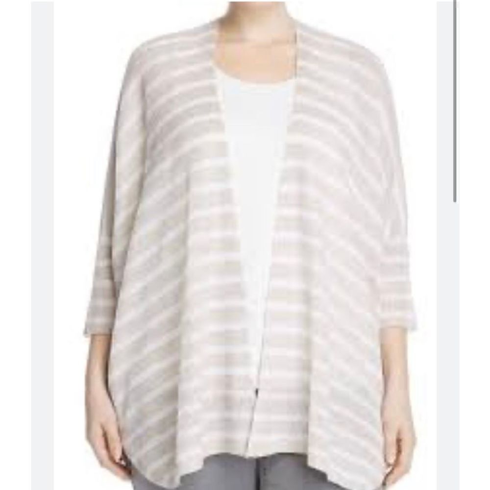 Eileen Fisher Womens Open Front Striped Knitted Tan White Long Sleeve Sweater OS